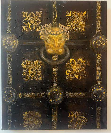 Ancient Door by Sofina: a black studded door with gold ornament and a lion-head knocker, mixed media, 55 × 45 cm