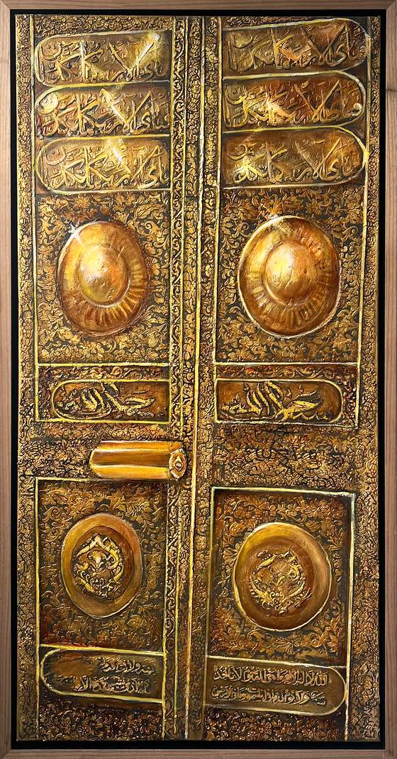 Calligraphy Door by Sofina: gilded double doors with calligraphy bands, mixed media with acrylic and oil, 100 × 50 cm
