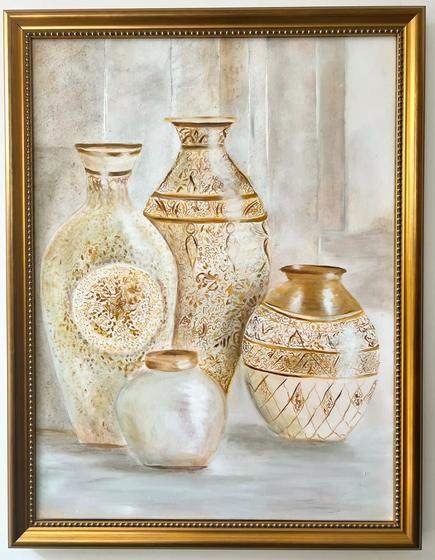 Collection of Vases by Sofina: cream and gold vases in warm, timeless colours, acrylic and oil, 80 × 60 cm