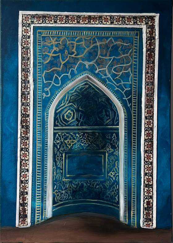 Mehrab by Sofina: a teal mihrab inside a border of tiles with layered geometric pattern, 59 × 41.5 cm