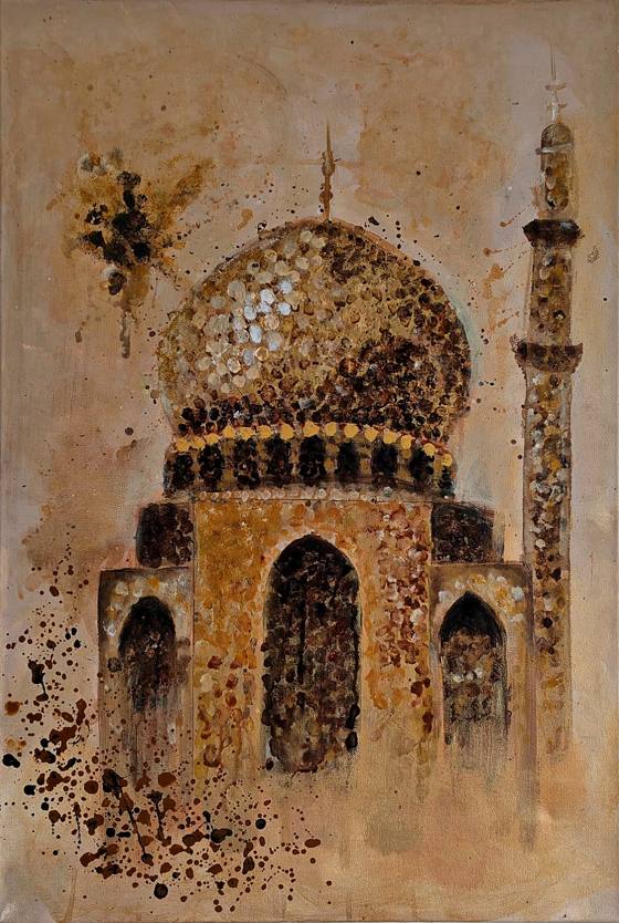 Mystical by Sofina: a golden domed mosque painting in acrylic, 76 × 51 cm