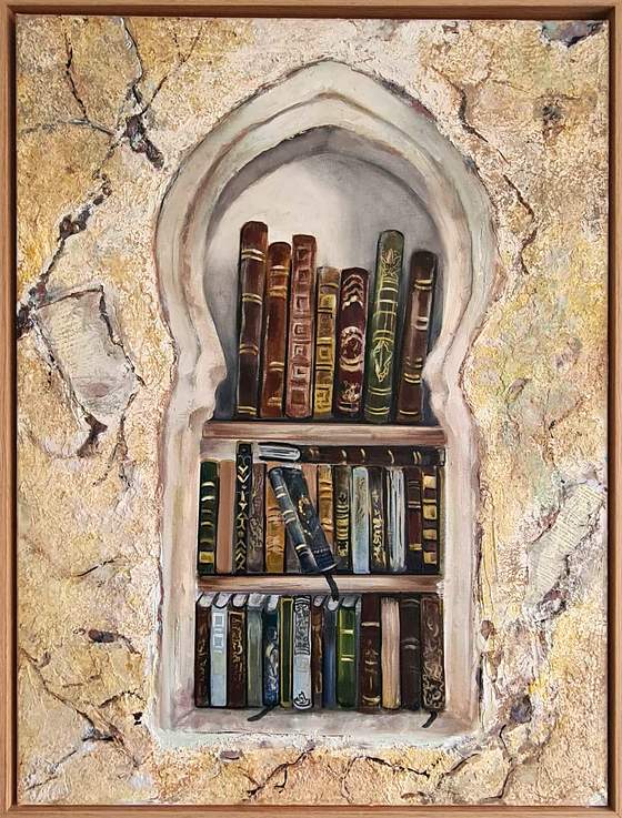 Where Wisdom Rests by Sofina: a Moroccan keyhole-arch niche with shelves of old books in cracked gold-ochre plaster, acrylic, framed