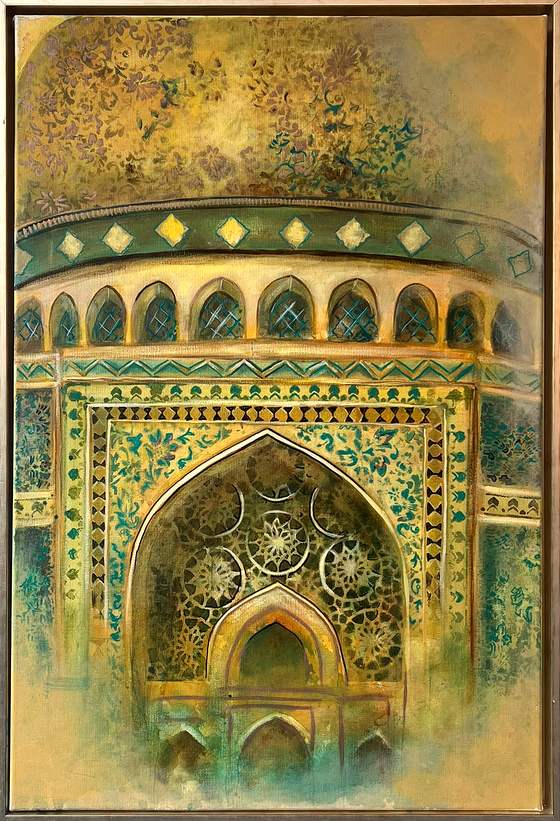 Patterned Architecture I by Sofina: a mosque façade in green and gold with a great arched doorway, acrylic, 76 × 51 cm