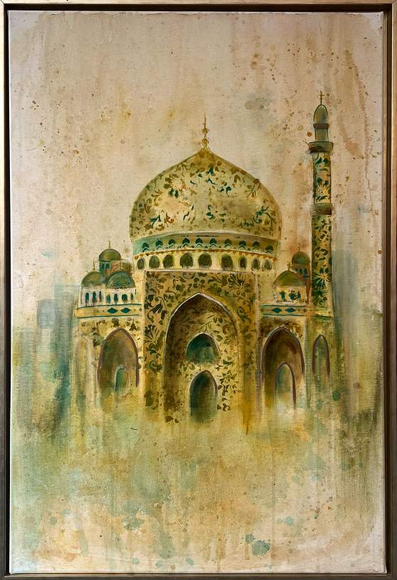 Whispers of Mist by Sofina: a cream, green and gold domed mosque in fine pattern, acrylic, 76 × 51 cm