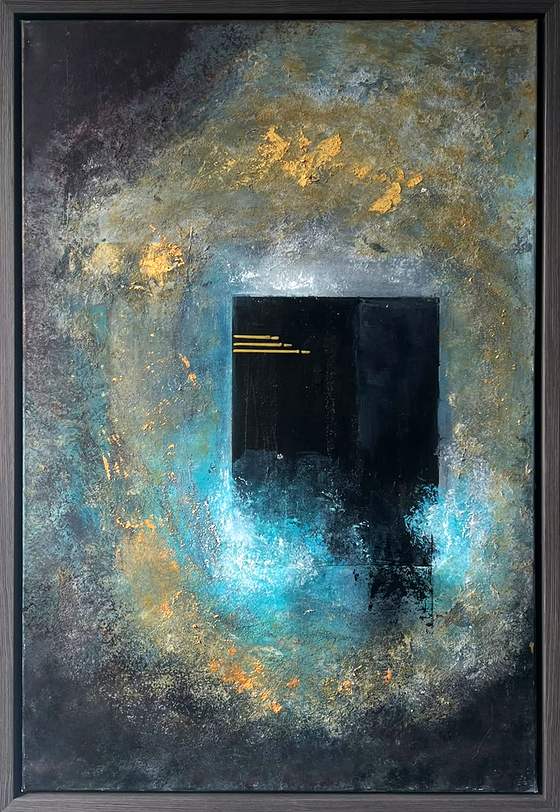 The Sacred House by Sofina: an abstract painting of the Ka'bah in black and gold, acrylic, 76 × 51 cm