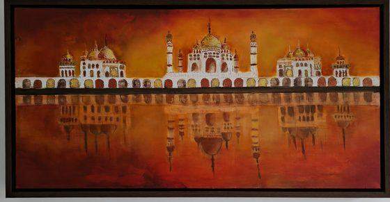 The Forte (Taj Mahal) by Sofina: the Taj Mahal reflected in water beneath a blazing orange and red sky, oil and acrylic, 100 × 51 cm