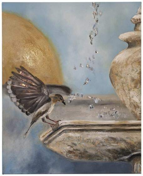 The Fountain by Sofina: small sparrow drinking from a carved stone fountain with a golden dome behind