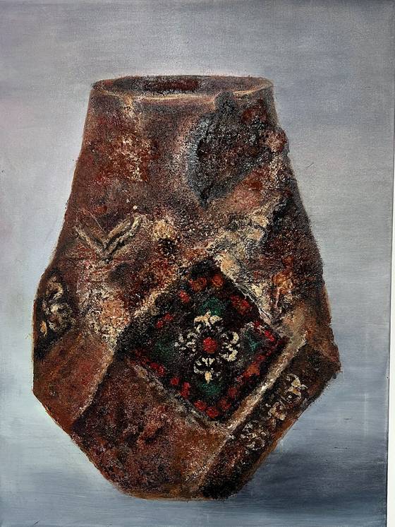 Vessel of Memory by Sofina: a textured rust-brown vase with a red, teal and cream patterned panel, mixed media, 80 × 60 cm